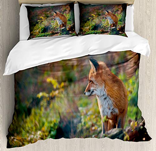 ABAKUHAUS Fuchs Bettbezugs Set Für Doppelbetten, Junge Wilde Fox in Woodland, Milbensicher Allergiker geeignet mit Kissenbezügen, 200 x 200 cm, Grün Weiß von ABAKUHAUS