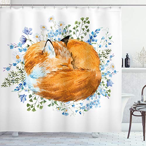 ABAKUHAUS Fuchs Duschvorhang, Sleeping Fox Aquarellen, Stoffliches Gewebe Badezimmerdekorationsset mit Haken, 175 x 200 cm, Orange Blue Olivgrün von ABAKUHAUS