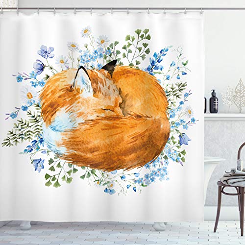 ABAKUHAUS Fuchs Duschvorhang, Sleeping Fox Aquarellen, Stoffliches Gewebe Badezimmerdekorationsset mit Haken, 175 x 220 cm, Orange Blue Olivgrün von ABAKUHAUS