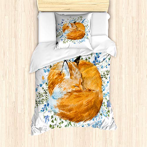 ABAKUHAUS Fuchs Bettbezug Set, Sleeping Fox Aquarellen, Milbensicher Allergiker geeignet mit Kissenbezügen, 135 cm x 200 cm - 80 x 80 cm, Orange Blue Olivgrün von ABAKUHAUS