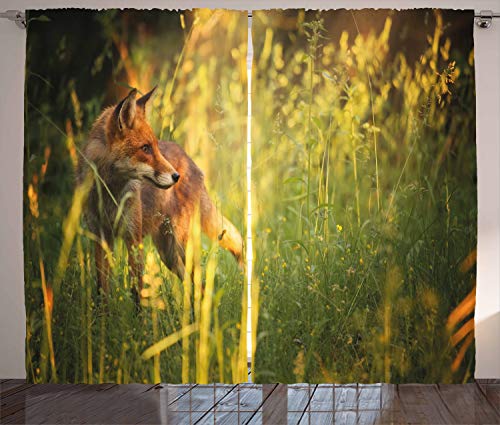 ABAKUHAUS Fuchs Rustikaler Vorhang, Vixen Säugetier Sommer Wald, Wohnzimmer Universalband Gardinen mit Schlaufen und Haken, 280 x 225 cm, Gelb Grün von ABAKUHAUS