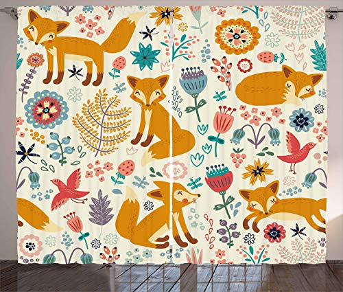 ABAKUHAUS Fuchs Rustikaler Vorhang, Füchse Aufwändige Blumen Vögel, Wohnzimmer Universalband Gardinen mit Schlaufen und Haken, 280 x 225 cm, Mehrfarbig Kamel von ABAKUHAUS