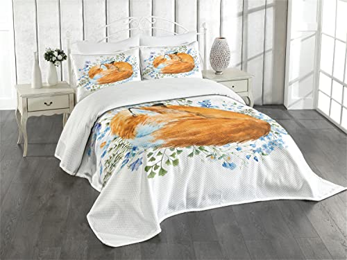 ABAKUHAUS Fuchs Tagesdecke Set, Sleeping Fox Aquarellen, Set mit Kissenbezügen Feste Farben, für Doppelbetten 264 x 220 cm, Orange Blue Olivgrün von ABAKUHAUS