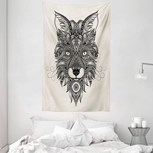 ABAKUHAUS Fuchs Wandteppich und Tagesdecke, Maske Keltische Art aus Weiches Mikrofaser Stoff Waschbar ohne Verblassen Digitaldruck, 140 x 230 cm, Schwarz Ecru von ABAKUHAUS