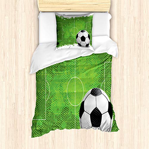 ABAKUHAUS Fußball Bettbezug Set für Einzelbetten, Grunge Fußball-Entwurf, Milbensicher Allergiker geeignet mit Kissenbezug, Grün Schwarz Weiß von ABAKUHAUS