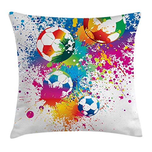 ABAKUHAUS Fußball Kissenbezug, Bunter Spritzer Ball, für den Innen oder Außen Bereich geeignet mit Reißverschluß Waschbarer Stoff, 45 x 45 cm, Magenta Grün von ABAKUHAUS