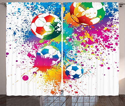 ABAKUHAUS Fußball Rustikaler Gardine, Bunter Spritzer Ball, Schlafzimmer Kräuselband Vorhang mit Schlaufen und Haken, 280 x 245 cm, Lila Magenta von ABAKUHAUS