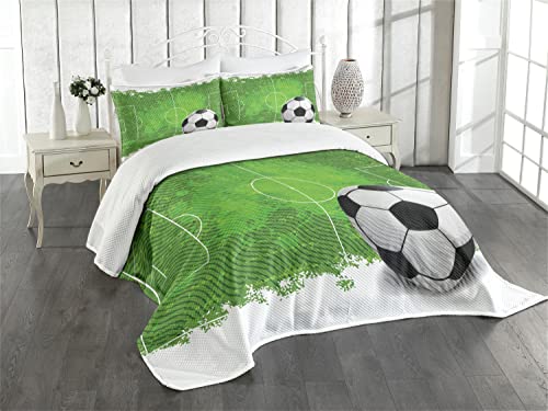 ABAKUHAUS Fußball Tagesdecke Set, Grunge Fußball Design, Set mit Kissenbezügen Sommerdecke, für Einzelbetten 170 x 220 cm, Weiß Schwarz Grün von ABAKUHAUS