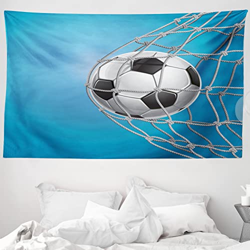 ABAKUHAUS Fußball Wandteppich und Tagesdecke, Goal Ball im Netz aus Weiches Mikrofaser Stoff Waschbar ohne Verblassen Digitaldruck, 230 x 140 cm, Hellgrau Schwarz Blau von ABAKUHAUS