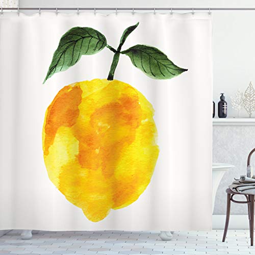 ABAKUHAUS Gelb Duschvorhang, Aquarell Zitrone, Stoffliches Gewebe Badezimmerdekorationsset mit Haken, 175 x 240 cm, Gelb Orange Grün von ABAKUHAUS