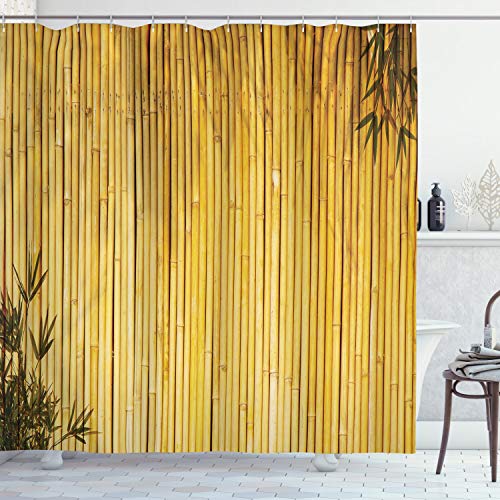 ABAKUHAUS Gelb Duschvorhang, Natur Holz Blätter Vorbauten, Stoffliches Gewebe Badezimmerdekorationsset mit Haken, 175 x 220 cm, Gelb von ABAKUHAUS