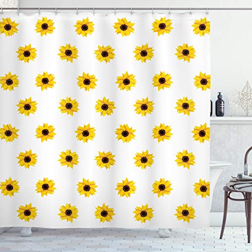 ABAKUHAUS Gelb Duschvorhang, Sunflower Muster Natur, Stoffliches Gewebe Badezimmerdekorationsset mit Haken, 175 x 180 cm, Gelb von ABAKUHAUS