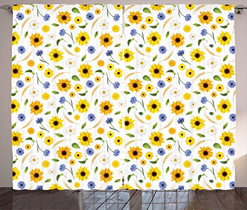 ABAKUHAUS Gelb Weiss Rustikaler Vorhang, Botanic Pattern, Wohnzimmer Universalband Gardinen mit Schlaufen und Haken, 280 x 245 cm, Gelb Grün von ABAKUHAUS
