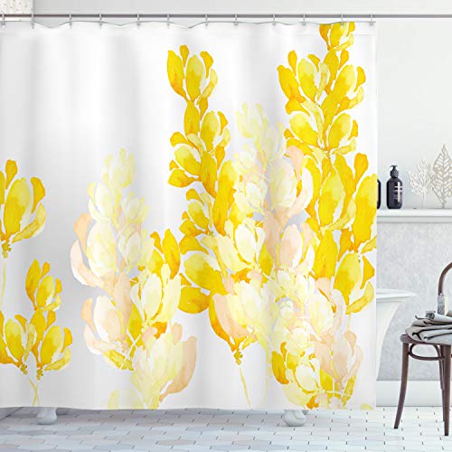 ABAKUHAUS Gelb und Weiß Duschvorhang, Wild Flowers, Stoffliches Gewebe Badezimmerdekorationsset mit Haken, 175 x 220 cm, Gelb Weiss von ABAKUHAUS
