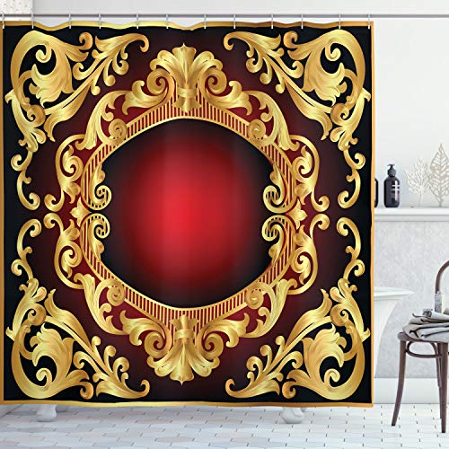 ABAKUHAUS Gelbes Damast Duschvorhang, Rahmen Barock, Stoffliches Gewebe Badezimmerdekorationsset mit Haken, 175 x 180 cm, Erde Gelb Burgundy von ABAKUHAUS