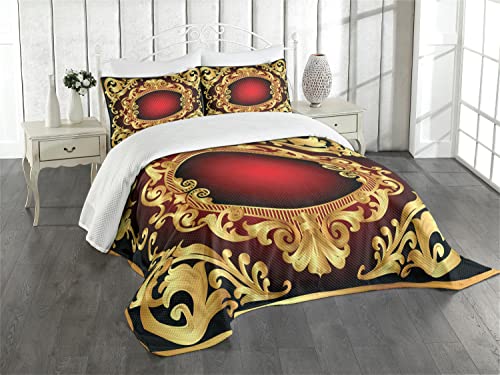 ABAKUHAUS Gelbes Damast Tagesdecke Set, Rahmen Barock, Set mit Kissenbezügen Waschbar, für Doppelbetten 220 x 220 cm, Gelb von ABAKUHAUS