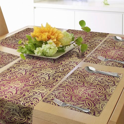 ABAKUHAUS Gelbes Damast Tischläufer & 4 Stück Tischsets, Ost-orientalische Art-Hand gezeichnetes wiederholendes Paisley-Blatt-Muster, Tischdeko-Set, 180 x 40 cm, Magenta und Gelb von ABAKUHAUS