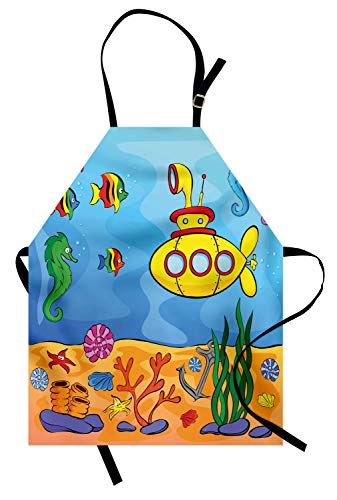 ABAKUHAUS Gelbes U-Boot Kochschürze, Submarine Seahorse, Unisex-Küchenlätzchen mit verstellbarem Hals für Kochen Gartenarbeit, 67 cm x 80cm, Marigold und Aqua von ABAKUHAUS
