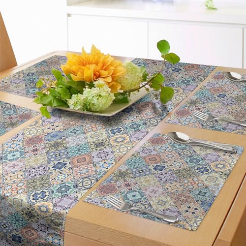 ABAKUHAUS Geometrisch Tischläufer & 4 Stück Tischsets, Stilisierte Pastell Oriental Mosaik Quadrat Scraps kaleidoskopischen Wirkung Fliesen-Muster, Tischdeko-Set, 180 x 40 cm, Beige Teal Gelb ABAKUHAUS Geometrisch Tischläufer & 4 Stück Tischsets, Stilisierte Pastell Oriental Mosaik Quadrat Scraps kaleidoskopischen Wirkung Fliesen-Muster, Tischdeko-Set, 180 x 40 cm, Beige Teal Gelb von ABAKUHAUS