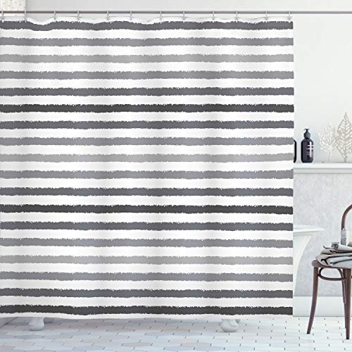 ABAKUHAUS Gestreift Duschvorhang, Grau und Weiß Grunge, Stoffliches Gewebe Badezimmerdekorationsset mit Haken, 175 x 180 cm, Weiß grau von ABAKUHAUS