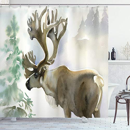 ABAKUHAUS Hirsch Duschvorhang, Winter Forest Farbe Stil, Stoffliches Gewebe Badezimmerdekorationsset mit Haken, 175 x 200 cm, Beige Grün von ABAKUHAUS