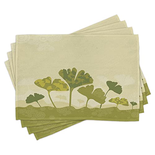 ABAKUHAUS Gingko Platzmatten, Baum-Blatt-Stamm Biloba natürliche Gebogene Blätter-Saisonernte-Grafik, Tiscjdeco aus Farbfesten Stoff für das Esszimmer und Küch, Olivengrün und Beige von ABAKUHAUS
