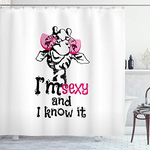 ABAKUHAUS Giraffe Duschvorhang, Lustige Tiermode, mit 12 Ringe Set Stielvoll Modern, 175x200 cm, Weiß Schwarz und Pink von ABAKUHAUS
