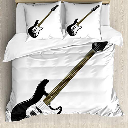 ABAKUHAUS Gitarre Bettbezug Set, 4-Saiter Bass-Musik, Milbensicher Allergiker geeignet mit Kissenbezügen, 155 cm x 200 cm - 80 x 80 cm, Schwarz Weiß Caramel von ABAKUHAUS