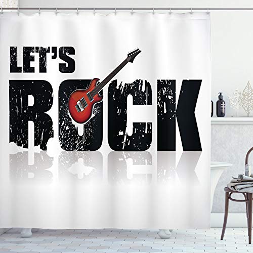 ABAKUHAUS Gitarre Duschvorhang, Lassen Sie Uns schaukeln Grunge Fun, Stoffliches Gewebe Badezimmerdekorationsset mit Haken, 175 x 200 cm, Rubin Schwarz Weiß von ABAKUHAUS