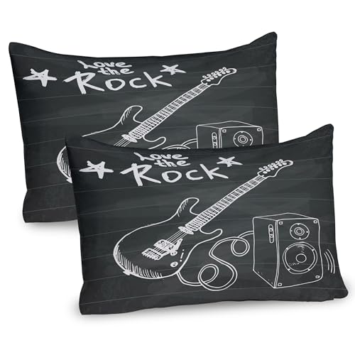 ABAKUHAUS Gitarre Kissenbezug Packung mit 2, Love The Rock Beschriftung Zitat über Liebe von Rock Musik und der Guitarre, Dekorativer Standard Gedruckter Kissenbezug, 80 x 40 cm, Charcoal Grau Weiß von ABAKUHAUS