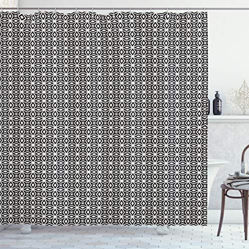 ABAKUHAUS Gitter Duschvorhang, Repeating Sternformen Ineinander greifen, Stoffliches Gewebe Badezimmerdekorationsset mit Haken, 175 x 220 cm, Schwarz und Eggshell von ABAKUHAUS