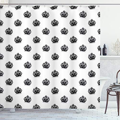ABAKUHAUS Gorilla Duschvorhang, Repetitive Sketchy, Stoffliches Gewebe Badezimmerdekorationsset mit Haken, 175 x 220 cm, Charcoal Grau und Weiß von ABAKUHAUS