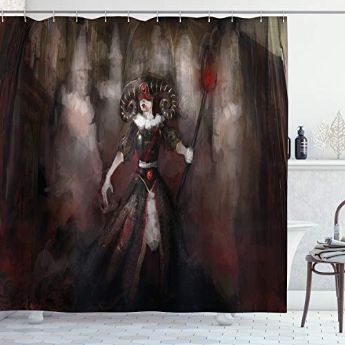 ABAKUHAUS Gothic Duschvorhang, Medieval Evil Woman Myth, Stoffliches Gewebe Badezimmerdekorationsset mit Haken, 175 x 240 cm, Schwarz Grau Rot von ABAKUHAUS