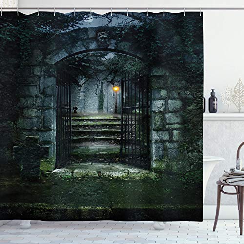 ABAKUHAUS Gotisch Duschvorhang, Dunkler Spukschloss, Stoffliches Gewebe Badezimmerdekorationsset mit Haken, 175 x 180 cm, Grau Grün von ABAKUHAUS