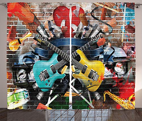 ABAKUHAUS Graffiti Rustikaler Vorhang, Collage Instrument Joyful, Wohnzimmer Universalband Gardinen mit Schlaufen und Haken, 280 x 245 cm, Gelb Aqua von ABAKUHAUS