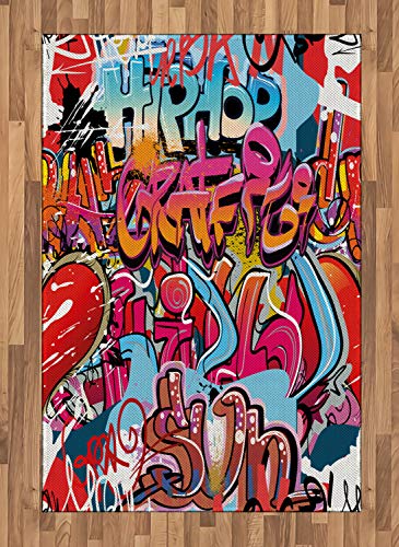 ABAKUHAUS Graffiti Teppich, Hip Hop Street Art, Flachgewebe Deko-Teppiche für das Wohn-,Schlaf-, und Essenszimmer, 120 x 180 cm, Magenta Aqua von ABAKUHAUS