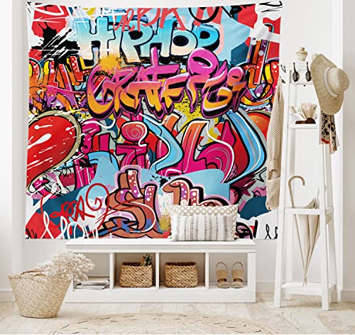 ABAKUHAUS Graffiti Wandteppich und Tagesdecke, Hip Hop Street Art aus Weiches Mikrofaser Stoff Waschbar ohne Verblassen Digitaldruck, 230 x 140 cm, Rot Hellblau von ABAKUHAUS