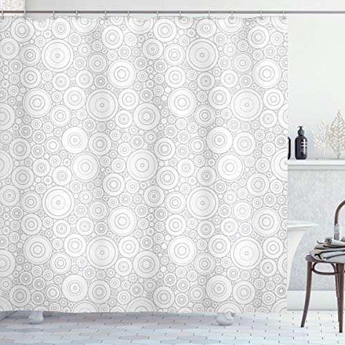 ABAKUHAUS Grau Duschvorhang, Geometrische Kreise Retro, Stoffliches Gewebe Badezimmerdekorationsset mit Haken, 175 x 220 cm, Grau weiß von ABAKUHAUS
