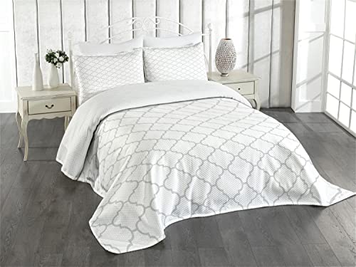 ABAKUHAUS Grau Tagesdecke Set, Monochrome-Damast-Muster, Set mit Kissenbezügen Kein verblassen, für Doppelbetten 220 x 220 cm, Weiß Grau von ABAKUHAUS