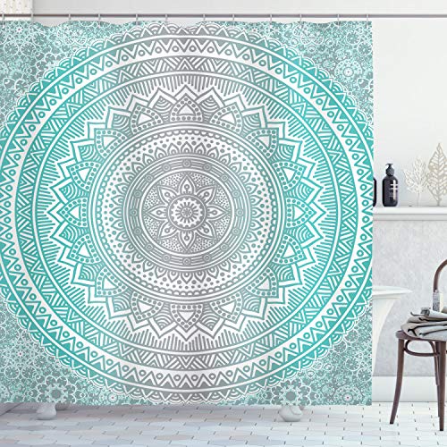 ABAKUHAUS Grau und Aqua Duschvorhang, Tribe Mandala, Stoffliches Gewebe Badezimmerdekorationsset mit Haken, 175 x 240 cm, Aqua Grau ABAKUHAUS Grau und Aqua Duschvorhang, Tribe Mandala, Stoffliches Gewebe Badezimmerdekorationsset mit Haken, 175 x 240 cm, Aqua Grau von ABAKUHAUS