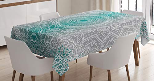 ABAKUHAUS Grau und Teal Tischdecke, Mandala Occult Motiv, Pflegeleicht mit Modernster Druck Technologie Waschbar und Personalisiert, 140 x 170 cm, Teal Grau von ABAKUHAUS