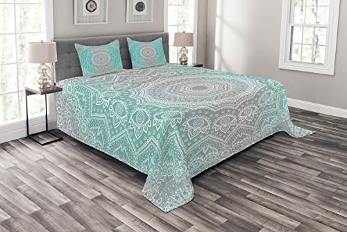 ABAKUHAUS Grau und Türkis Tagesdecke Set, Ombre Ethnic, Set mit Kissenbezügen Waschbar, für Doppelbetten 220 x 220 cm, Türkis Grau von ABAKUHAUS