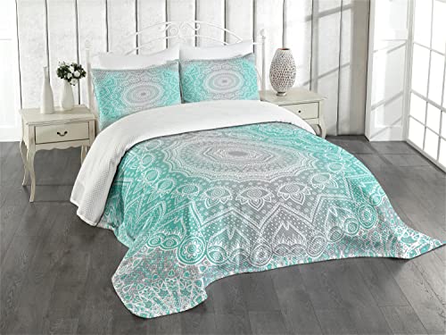 ABAKUHAUS Grau und Türkis Tagesdecke Set, Ombre Ethnic, Set mit Kissenbezügen Waschbar, für Einzelbetten 170 x 220 cm, Türkis Grau von ABAKUHAUS