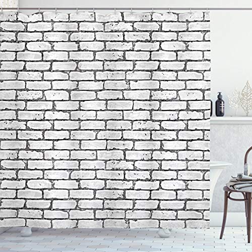 ABAKUHAUS Grau und Weiß Duschvorhang, Retro Ziegelmauer, Stoffliches Gewebe Badezimmerdekorationsset mit Haken, 175 x 220 cm, Grau von ABAKUHAUS