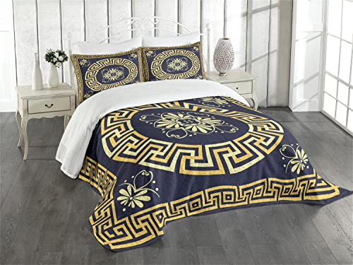 ABAKUHAUS Greek Key Tagesdecke Set, Retro Frühling Meander, Set mit Kissenbezügen Waschbar, für Doppelbetten 264 x 220 cm, Dunkelblau Gelb von ABAKUHAUS