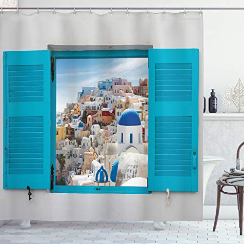 ABAKUHAUS Griechenland Duschvorhang, Fenster Alte Fensterläden, Stoffliches Gewebe Badezimmerdekorationsset mit Haken, 175 x 200 cm, Mehrfarbig von ABAKUHAUS