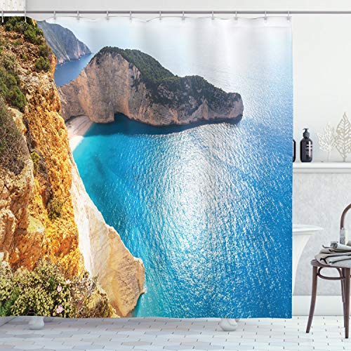 ABAKUHAUS Griechenland Duschvorhang, Zakynthos-Küste, Stoffliches Gewebe Badezimmerdekorationsset mit Haken, 175 x 180 cm, Mehrfarbig von ABAKUHAUS