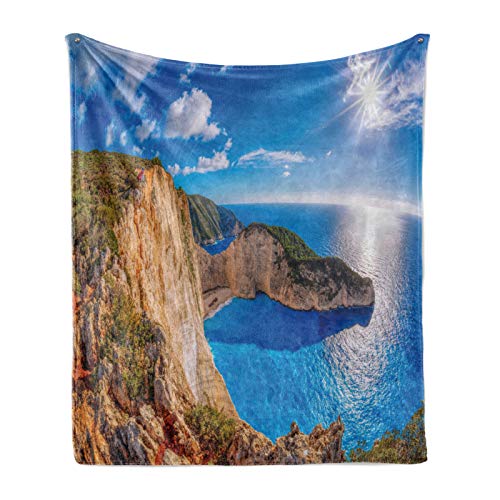 ABAKUHAUS Griechenland Weiche Kuscheldecke Sofadecke, Navagio auf der Insel Zakynthos, Gemütlicher Plüsch für den Innen- und Außenbereich, 125 x 175 cm, Azure Blau Weiß von ABAKUHAUS