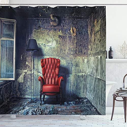 ABAKUHAUS Grunge Duschvorhang, Alte Sessel Messy Haus, Stoffliches Gewebe Badezimmerdekorationsset mit Haken, 175 x 200 cm, Pale Grün Rot Schwarz von ABAKUHAUS