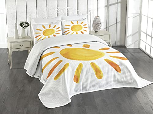 ABAKUHAUS Grunge Tagesdecke Set, Aquarell Sun Childish, Set mit Kissenbezug Kein verblassen, für Einzelbetten 170 x 220 cm, Gelb von ABAKUHAUS